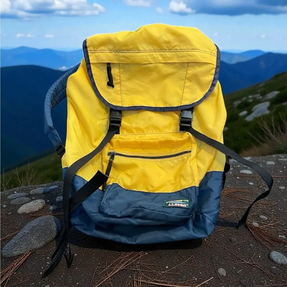 LL Bean 90s Continental Backpack Rucksack Yellow Blue Hiking Technical Vintage
